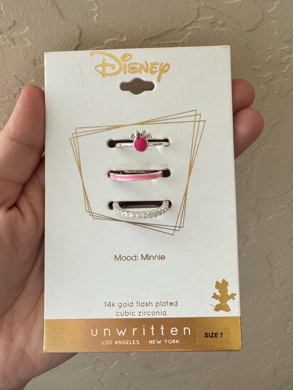 Disney 14k Gold Flash Plated Minnie Mood Ring set, 3 piece, size 7, NWT